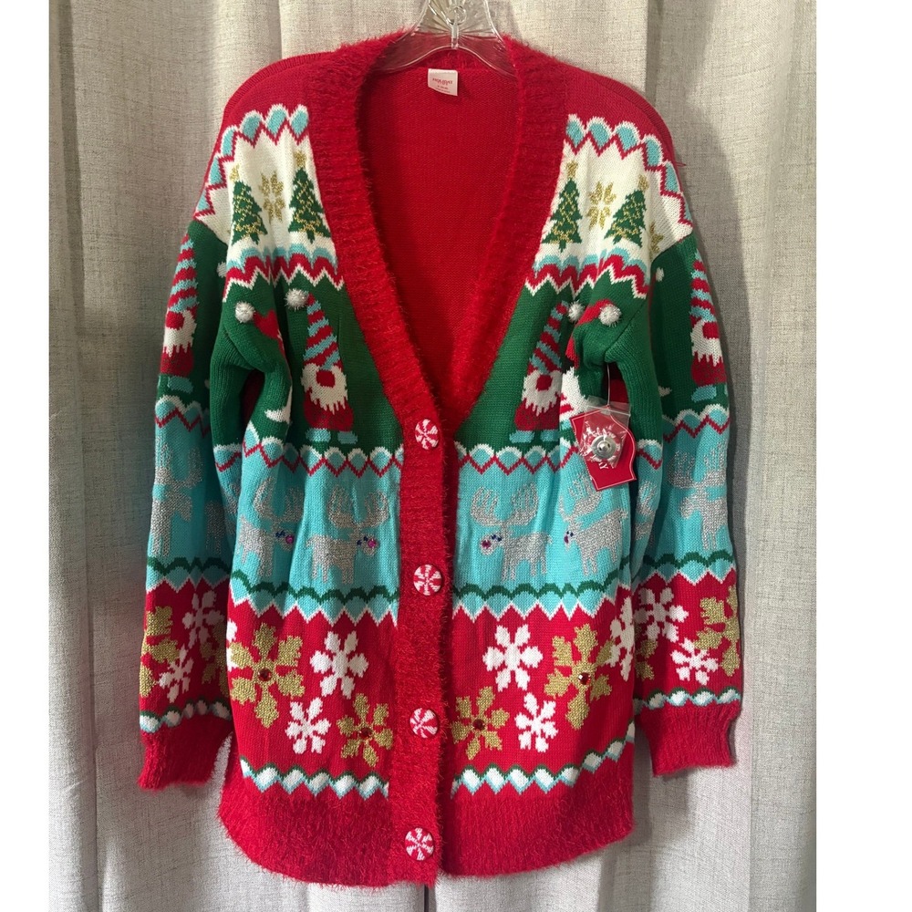 Holiday Time Womens Gnome Reindeer Ugly Christmas Sweater Cardigan Red Green S
